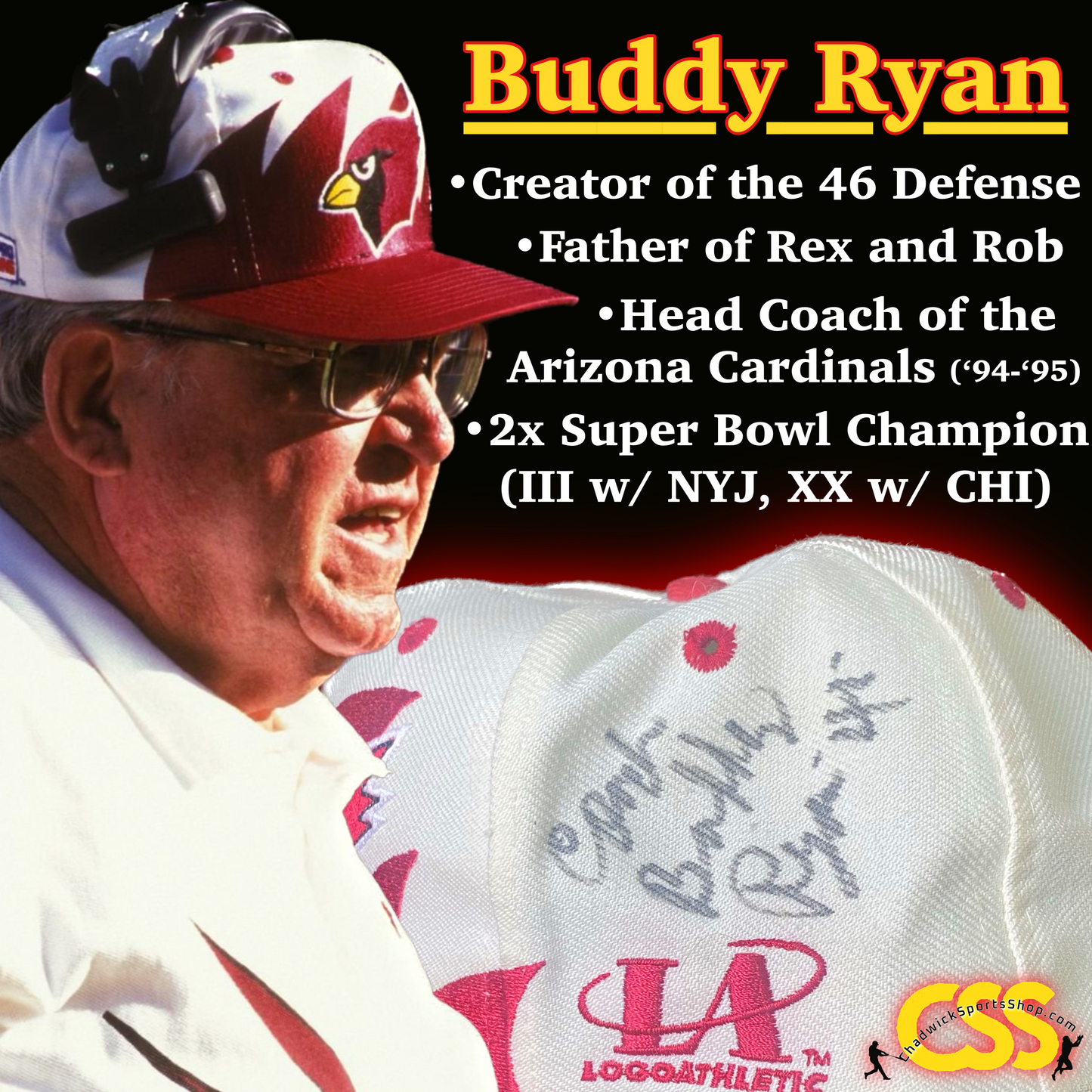 Arizona Cardinals Authentic Logo Athletic™️ Sharktooth Snapback Autographed by Buddy Ryan