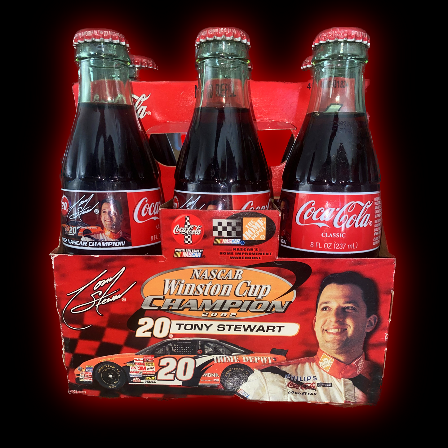 NASCAR 2002 Winston Cup Champion Tony Stewart (Home Depot™️ #20) Commemorative Coca-Cola™️ 6-Pack Factory Sealed Glass Bottles