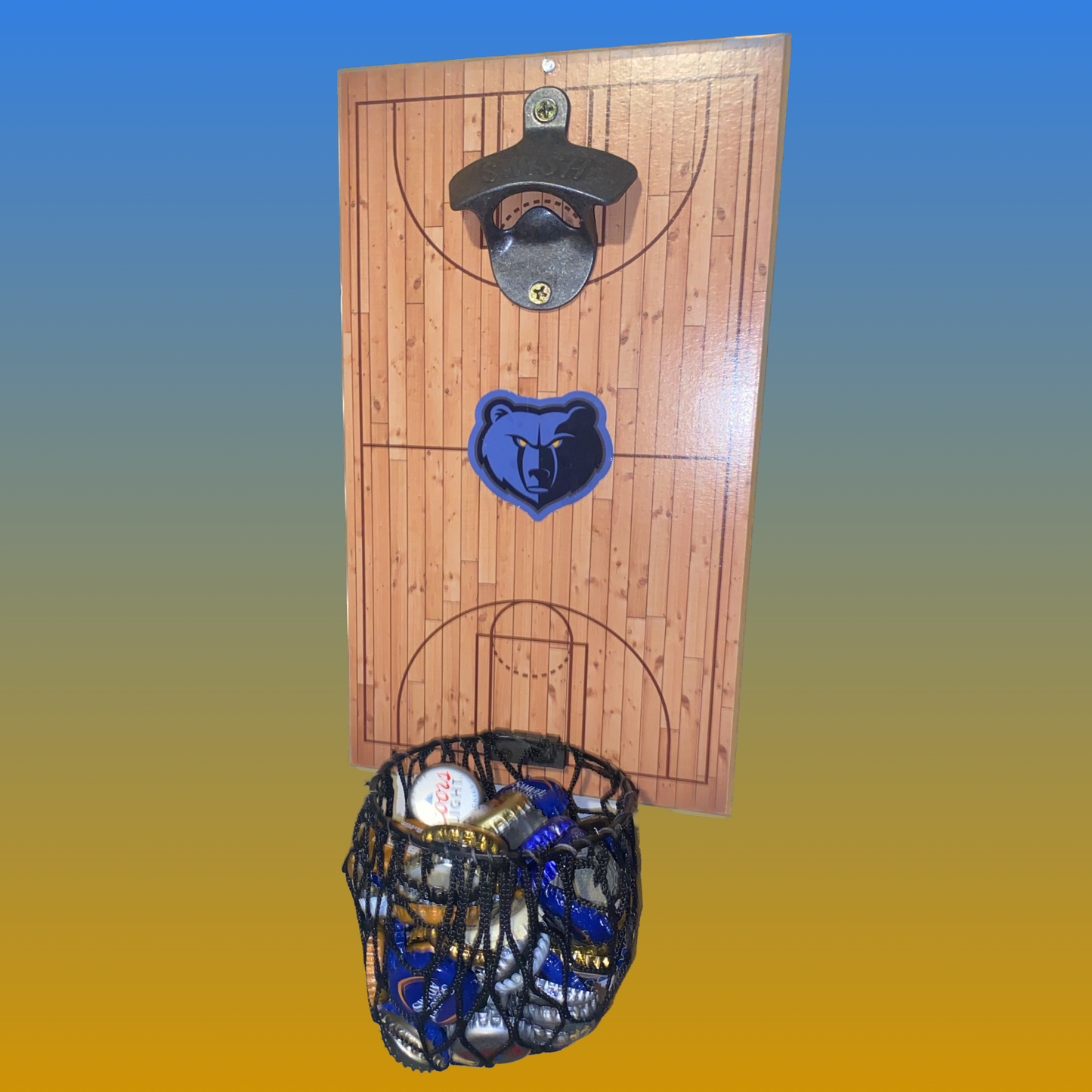 Memphis Grizzlies Wooden Basketball Court Bottle Opener with Hoop